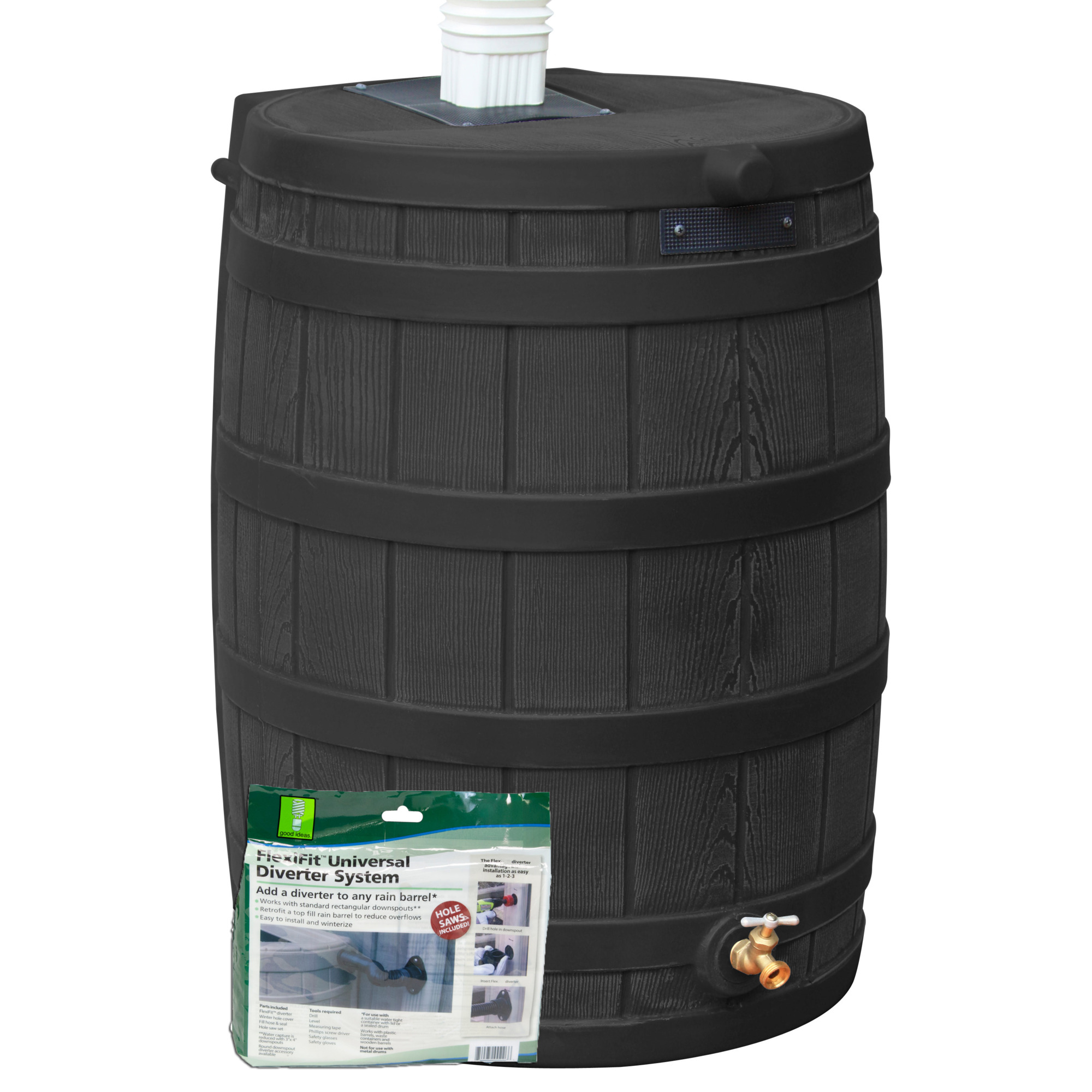 Good Ideas Rain Wizard Rain Barrel with Diverter Kit — 50 Gal., Black, Faux Oak, BPA-Free Plastic, Model# RW50-DIV-BLK